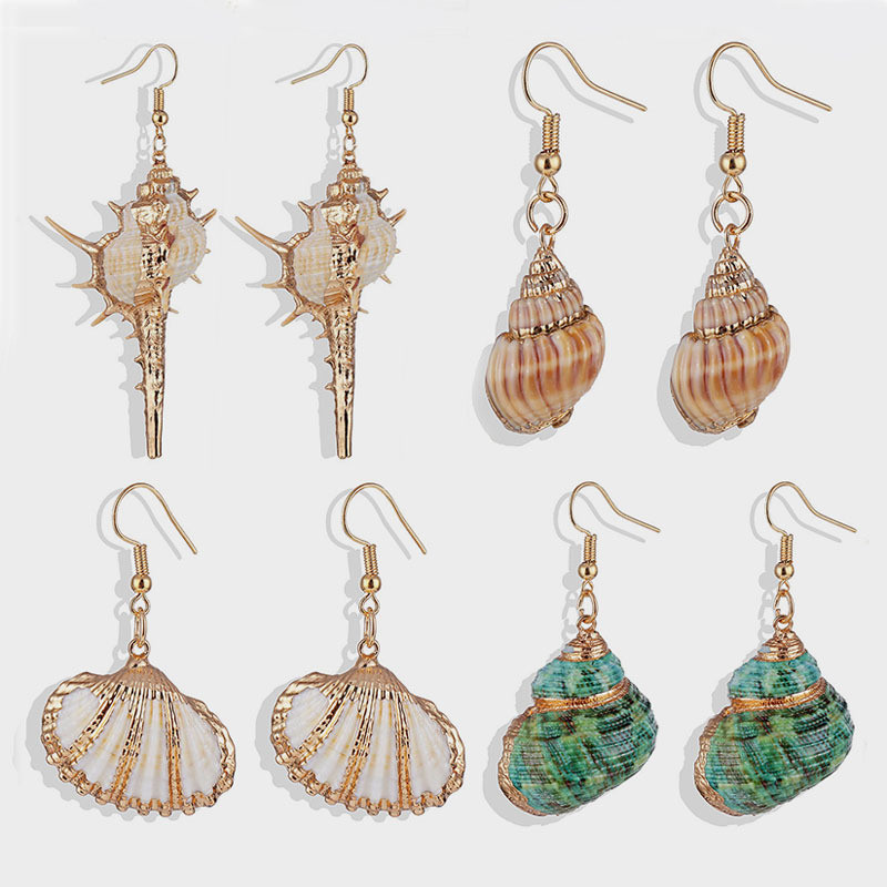 European and American Natural Beach Shell Conch Gold-Plated Earrings Bohemian Style Beach Conch Pendant Necklace Wholesale