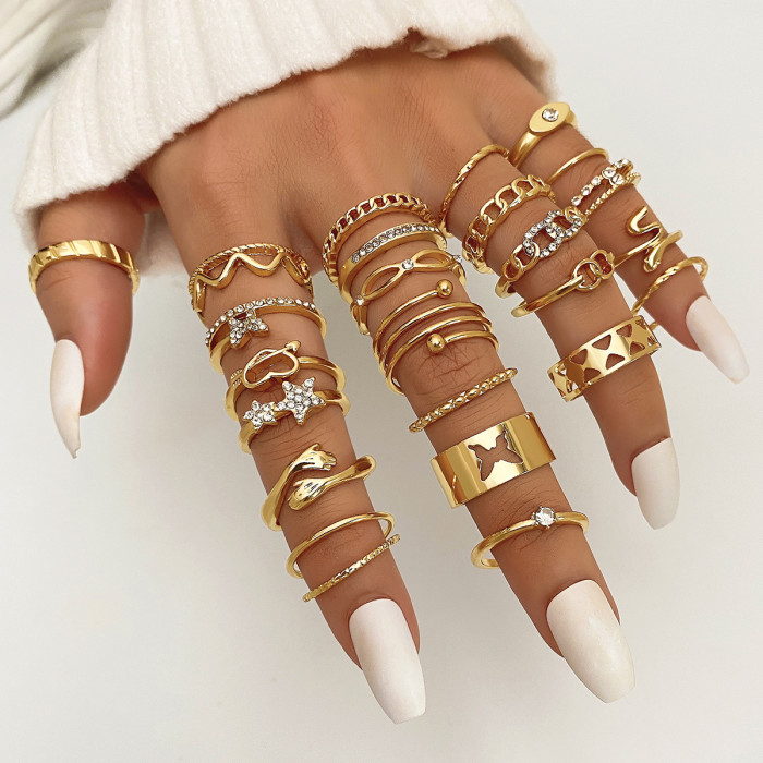 New Simple Colorful Gemstone Ring Artistic Retro Butterfly Snake-Shaped Ring 30-Piece Set Combination