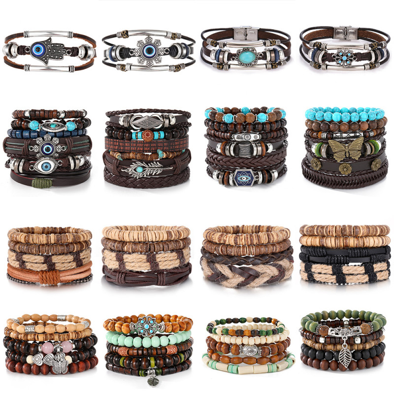 Cross-Border Bohemian Fashion Multi-Layer Coconut Shell Beaded Bracelet Vintage Butterfly Men's Leather Woven Bracelet Set