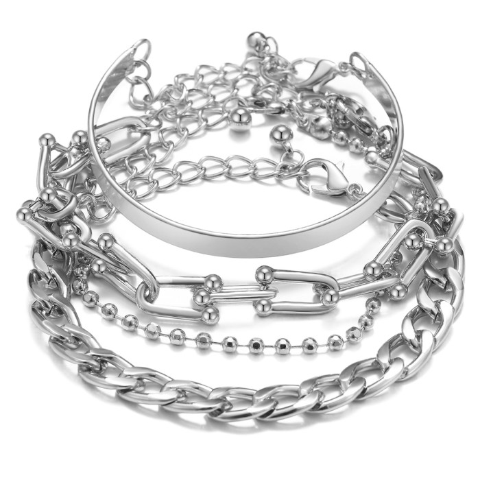 Fashion Simple Geometric Hollow Mixed Braided Bracelet Set Hip-Hop Chain Personality Punk Style Jewelry, Jewelry Sets