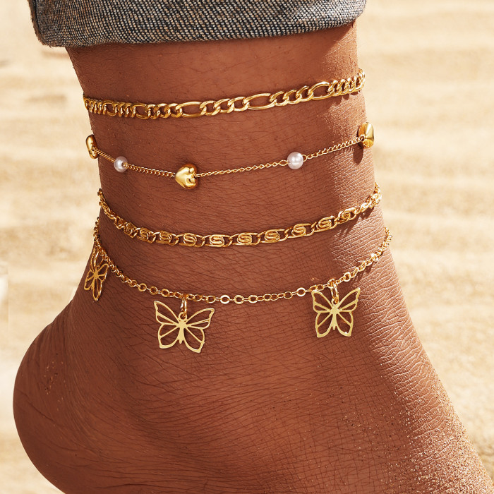 Retro Multi-Layer Butterfly Star Fishbone Chain Anklet for Women, Niche Exotic Style Tassel Anklet Set for Women, Nec...