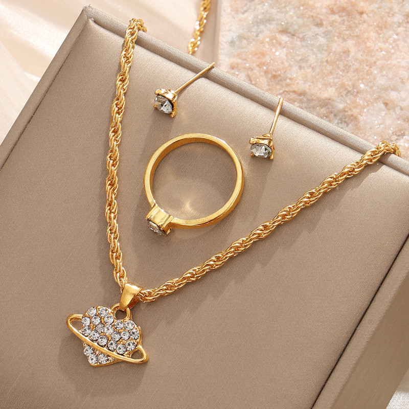 European and American Cross-Border New Fashion Versatile Diamond-Studded Heart Necklace Diamond Earrings Ring Bridal Jewelry Set Four Pieces