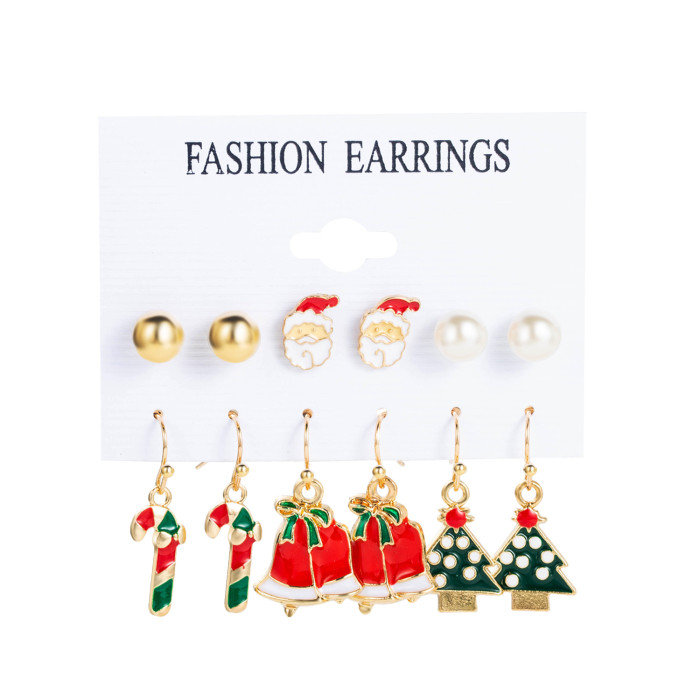 Christmas Series Snowflake Bell Earrings Set Cross-Border Cartoon Oil Drop Reindeer Santa Claus Christmas Earrings
