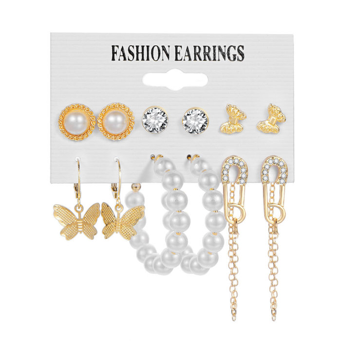 Long Tassel Butterfly Earrings Asymmetric Alloy Pearl Butterfly Pendant Earrings Clip-On Earrings
