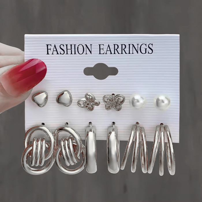 Alloy Cross-Border New Geometric Circle Pearl Women's Earrings Set Pearl Butterfly Exaggerated Twisted Earrings 6 Pairs Set