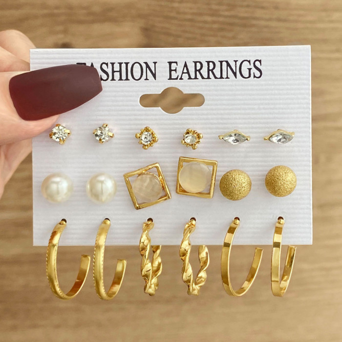 Cross-Border Hot Selling Simple Large Circle Metal Irregular Circle Earrings Set Creative Personality Earrings 8-Piece Set Ear Jewelry