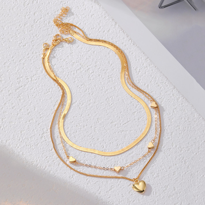 New Retro Geometric Heart-Shaped Snake Bone Chain Fashion Metal Texture Three-Dimensional Heart Multi-Layer Stacking...