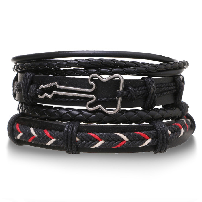 Vintage Bead Bracelet Men's Fashion Hollow Triangle Leather Bracelet and Bangle Multi-layer Wide Wrapped Jewelry
