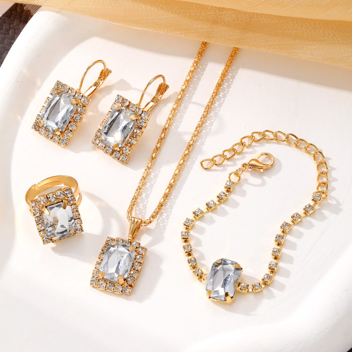 European and American New Style Square Diamond Jewelry Set Fashion Colorful Rhinestone Necklace Earrings Ring Bracelet Set Bridal Accessories