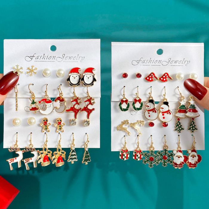 Christmas Series Snowflake Bell Earrings Set Cross-Border Cartoon Oil Drop Reindeer Santa Claus Christmas Earrings
