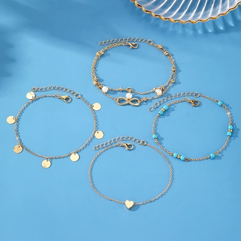 European and American Cross-Border Source Heart Round Tassel Anklet Set Multi-Layer 8-Word Turquoise Anklet Green Turquoise Foot Jewelry Wholesale