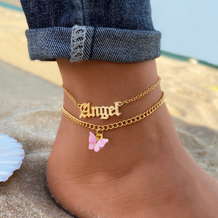 Simple Acrylic Butterfly English Pendant Foot Jewelry Multi-Color Flower Butterfly Tassel Anklet 3-Piece Set, Necklaces