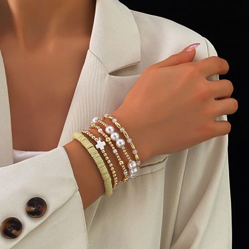 European and American Style Magnetic Gold-Plated Elastic Bracelet Baroque Imitation Pearl Multi-Layer Stacking Bracelet Niche Bracelet
