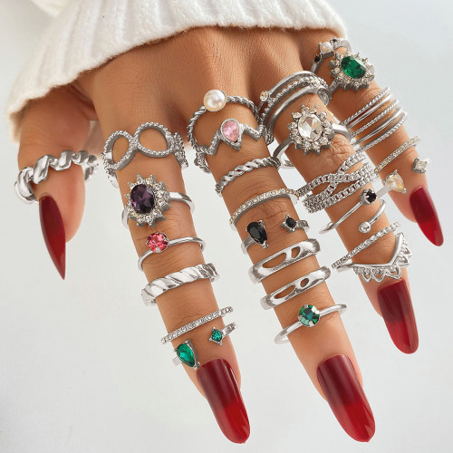 European and American Cross-Border New Simple Colorful Gemstone Ring Artistic Retro Butterfly Snake-Shaped Ring 30-Piece Set Combination