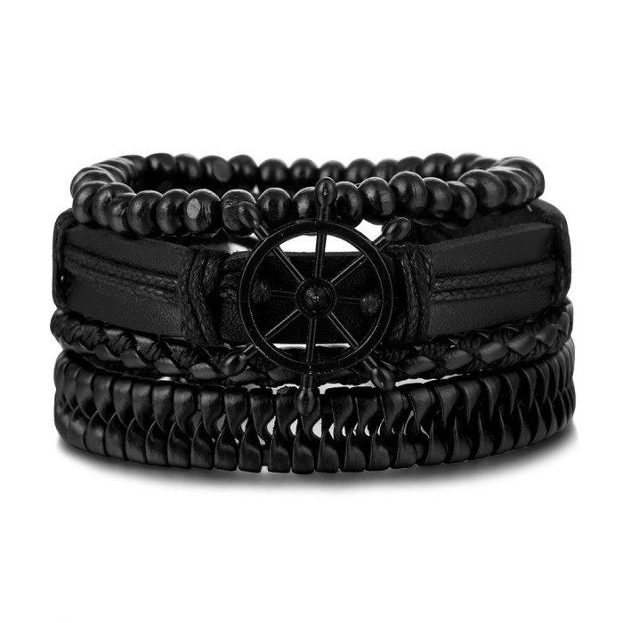 Vintage Bead Bracelet Men's Fashion Hollow Triangle Leather Bracelet and Bangle Multi-layer Wide Wrapped Jewelry