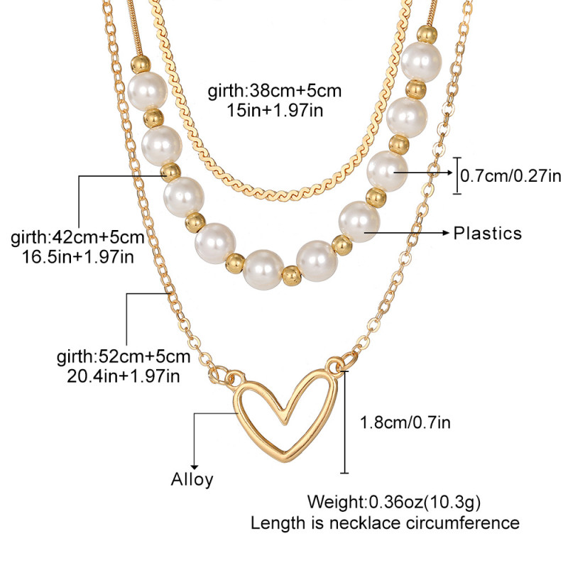 Cross-Border Fashion Hot-Selling Retro Heart Peach Heart Pearl Gold Necklace 3-Piece Set Multi-Layer Stacking Collarbone Chain for Women