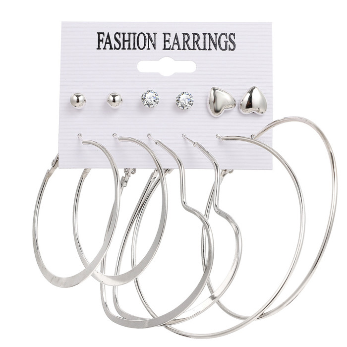 Metal Circle Chain Earrings Set 6 Pieces Creative Personality Cross-border Heart Pin Butterfly Earrings