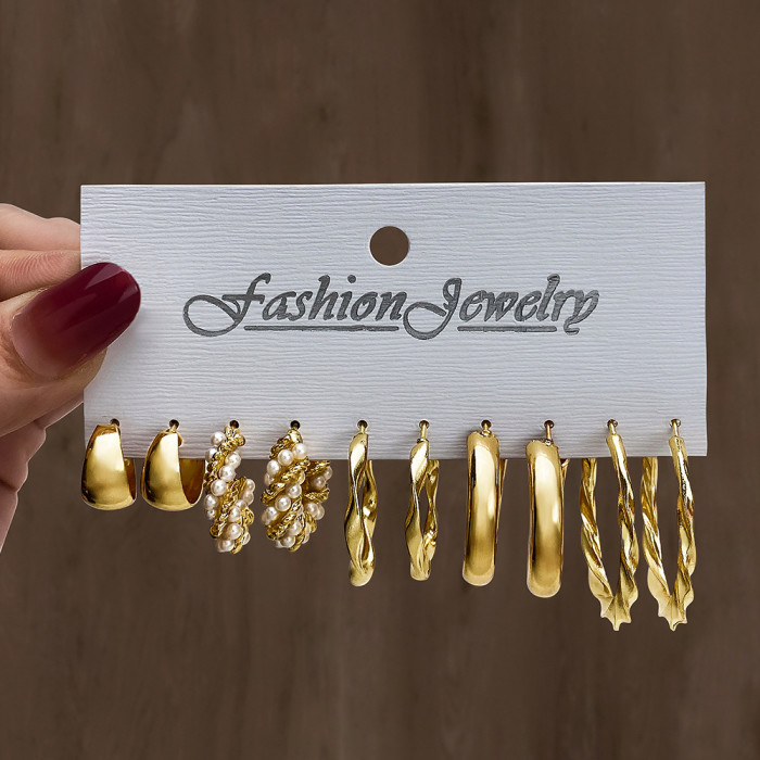 European and American Cross-Border Geometric Multi-Layer C-Shaped Pearl Earrings Hoop Earrings Stud Earrings 6 Pairs Set Carded Earrings Set Combination for Women