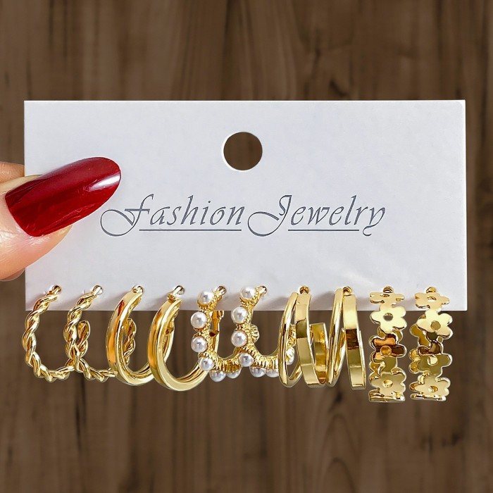 European and American Cross-Border Artistic Retro Geometric Hammered Pattern Earrings 6-Piece Set Creative Heart-Shaped Diamond-Studded Stud Earrings Metal Earrings