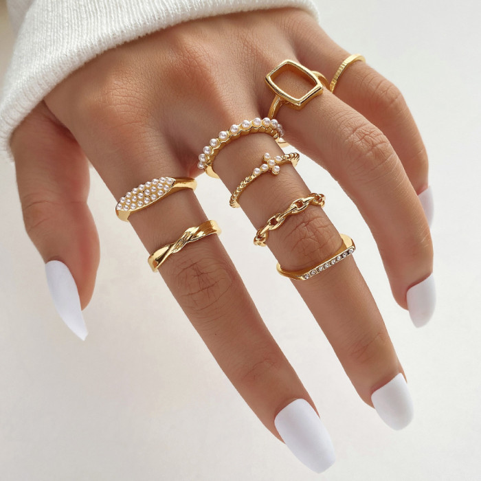 Cross-Border Hot Selling Diamond-Studded Eye Cross Leaf Ring Multi-Joint 23-Piece Set Pearl Sun Moon Ring