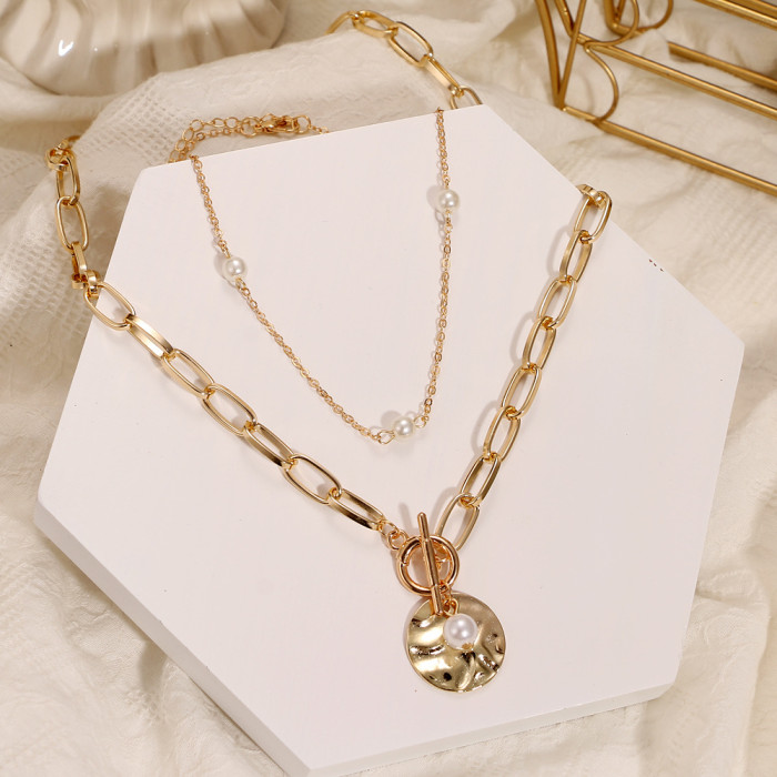 Korean Jewelry Retro Round Ring Bronze Bead Multi-Layer Geometric Hexagon Circle Arrow Necklace