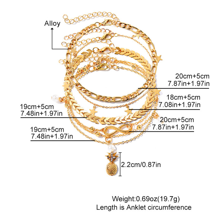 Beach Metal Pineapple Pearl Anklet Set Vintage Multi-Layer Pendant Anklet Girl High-End Foot Jewelry, Necklaces