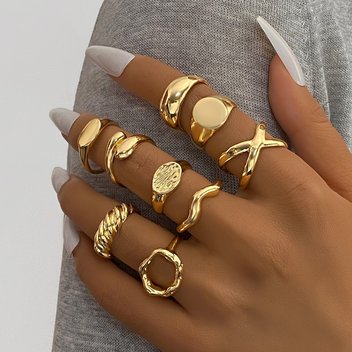 European and American Cross-Border Geometric KC Gold Electroplated Alloy Material Round Ring 9-Piece Set Irregular Smooth Open Ring