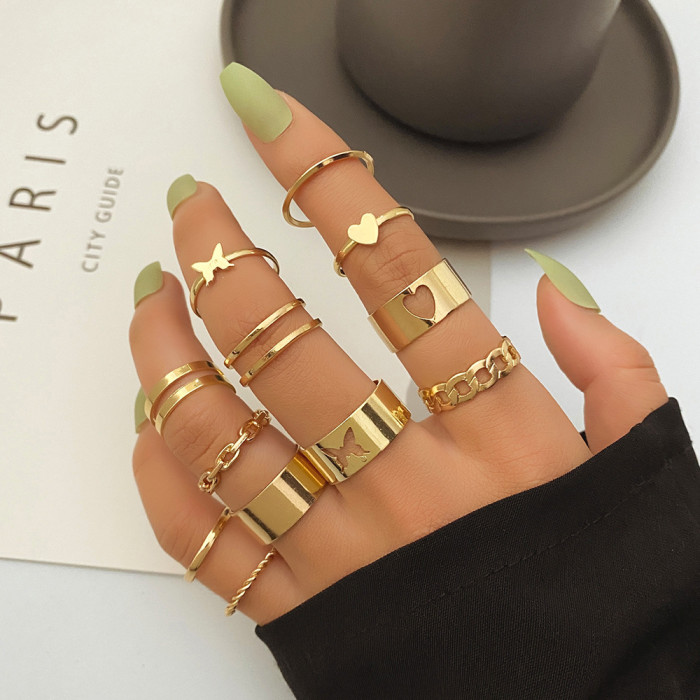Alloy Cross-Border Butterfly Ring Opening More than Knuckle Ring Suit 22-Piece Set Love Heart-Shaped Ring Women's Design Sense Niche