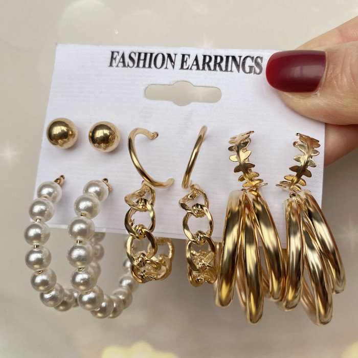 Cross-Border Hot-Selling Metal Twisted Chain Earrings Set Creative Simple Hoop Geometric Earrings