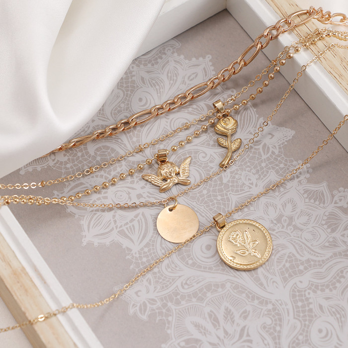Geometric Fashion Angel Portrait Rose Flower Pendant Multi-Layer Women's Necklace Set Coin Necklace