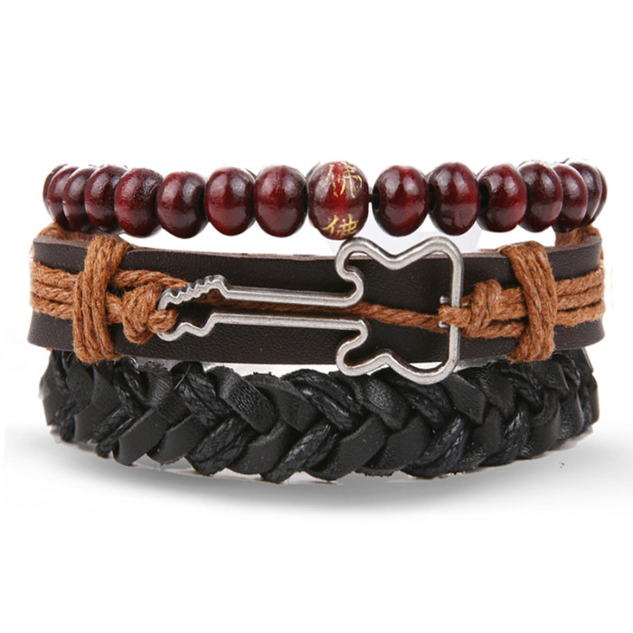 Vintage Bead Bracelet Men's Fashion Hollow Triangle Leather Bracelet and Bangle Multi-layer Wide Wrapped Jewelry