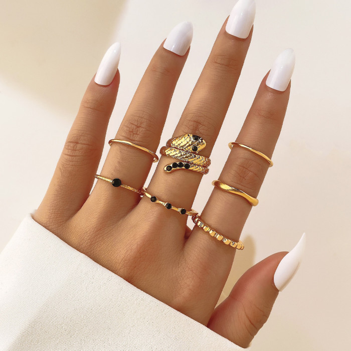 Cross-Border New Fashion Creative Flower Alloy Joint Ring Set Geometric Plain Ring Multi-Piece Set for Women