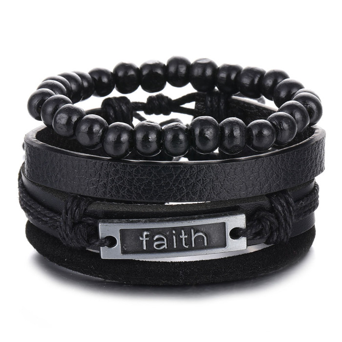 Vintage Bead Bracelet Men's Fashion Hollow Triangle Leather Bracelet and Bangle Multi-layer Wide Wrapped Jewelry