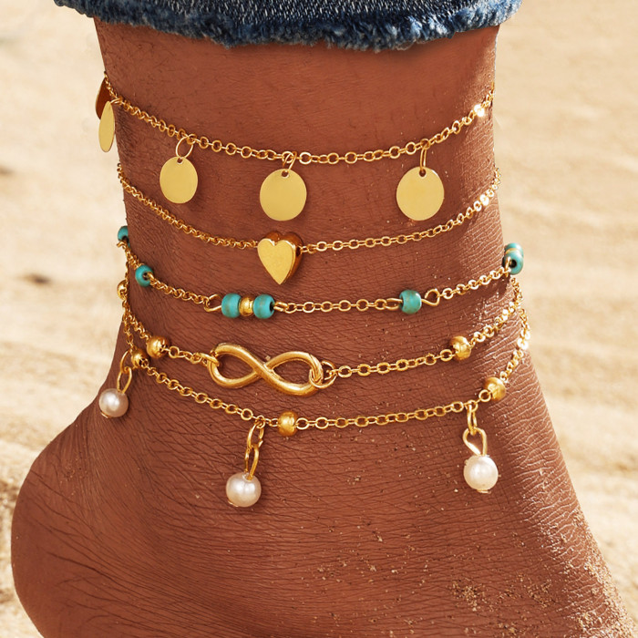 Source Heart Round Tassel Anklet Set Multi-Layer 8-Word Turquoise Anklet Green Turquoise Foot Jewelry Wholesale