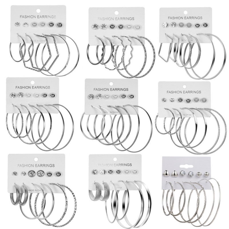 Exaggerated Fashion Jewelry Cross-Border Fashion Versatile 6 Pairs C-Shaped Large Hoop Earrings Stud Earrings Set Personality Earrings Wholesale