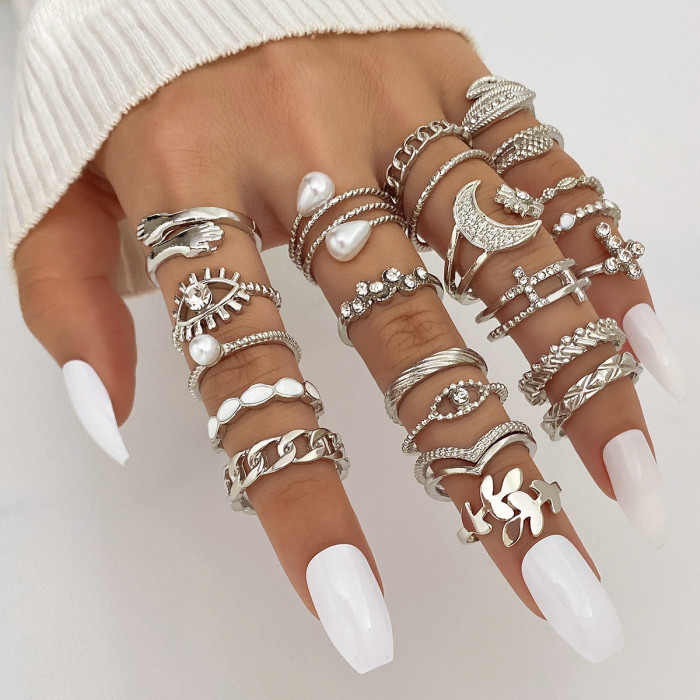 Cross-Border Hot Selling Diamond-Studded Eye Cross Leaf Ring Multi-Joint 23-Piece Set Pearl Sun Moon Ring