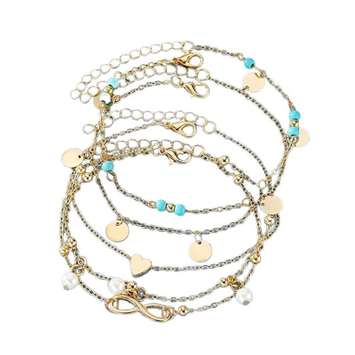 Source Heart Round Tassel Anklet Set Multi-Layer 8-Word Turquoise Anklet Green Turquoise Foot Jewelry Wholesale