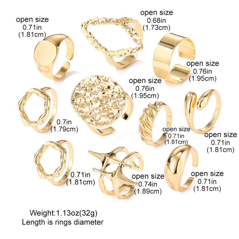 European and American Cross-Border Geometric Metal Style Lava Line Rings 10-Piece Set Personality Exaggerated Open Rings Set for Women