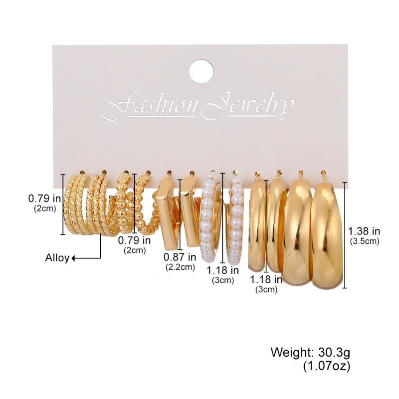 European and American Cross-Border Geometric Multi-Layer C-Shaped Pearl Earrings Hoop Earrings Stud Earrings 6 Pairs Set Carded Earrings Set Combination for Women