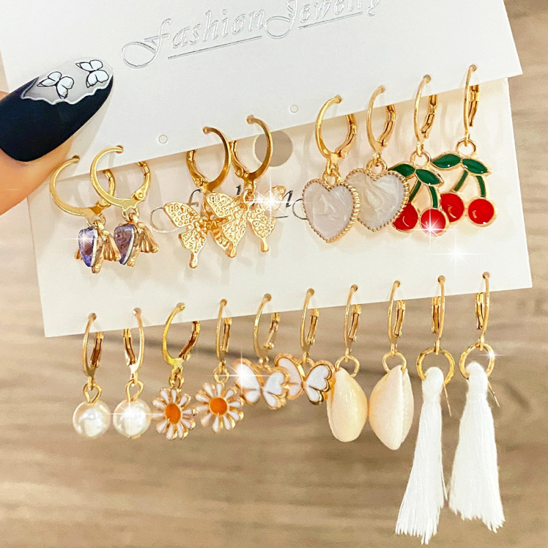 Cross-Border New Alloy Inlaid Rhinestone Earrings Set 9 Pairs Creative Butterfly Peach Heart Cherry Pearl Ear Buckle Wholesale