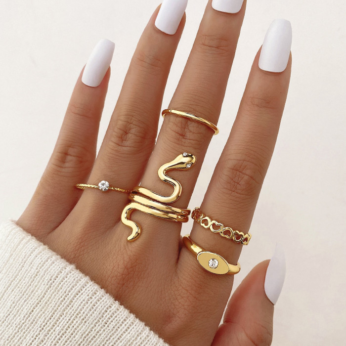 European and American Cross-Border Vintage Gold Alloy Knuckle Rings 8 Pieces High-End Pearl Inlaid Geometric Eye Rings for Women
