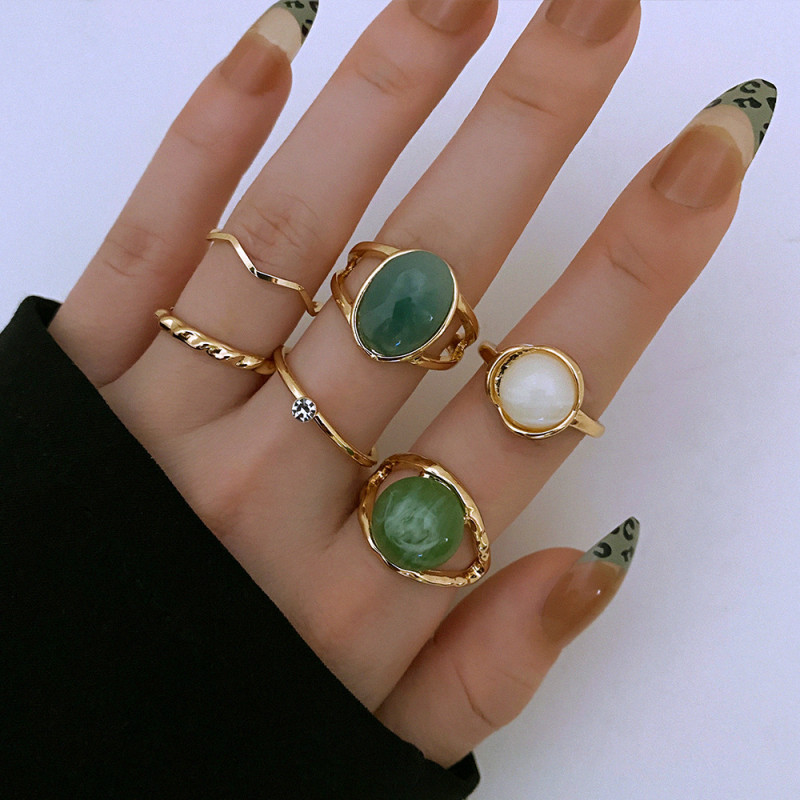 Cross-Border Geometric Imitation Green Jade Stone Joint Ring 6-Piece Set Rings for Women Design Sense Niche Minimalist Diamond-Studded Rings Wholesale