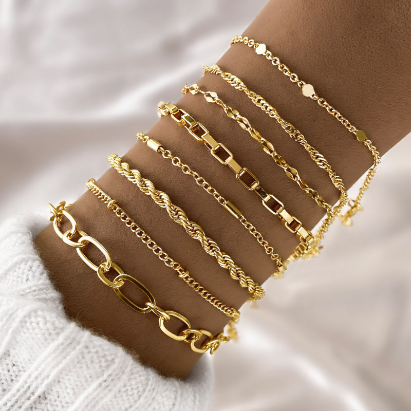 European and American Trendy Jewelry Cross-Border Hot Selling Metal 8-Piece Chain Bracelet Set Simple Multi-Layer Chain Jewelry