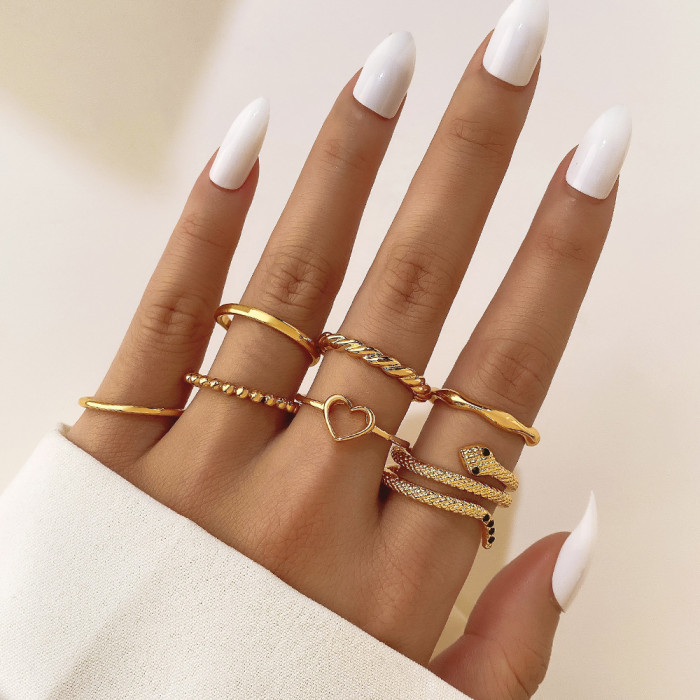 Cross-Border New Fashion Creative Flower Alloy Joint Ring Set Geometric Plain Ring Multi-Piece Set for Women