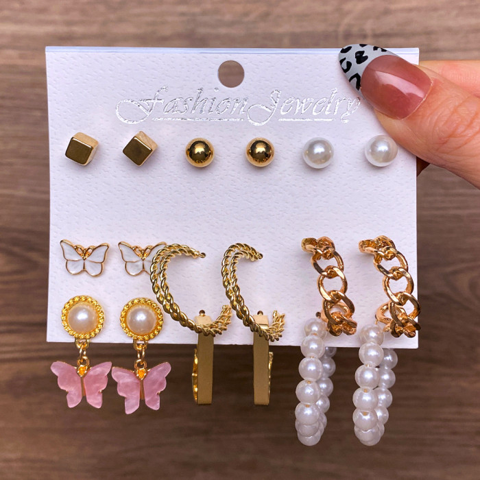 European and American Cross-Border Retro Heart Butterfly Earring Set 9-Piece Creative Snake Sword Mushroom Ear Clips Wholesale
