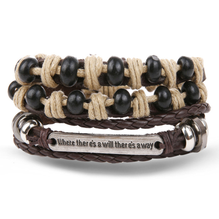 Vintage Bead Bracelet Men's Fashion Hollow Triangle Leather Bracelet and Bangle Multi-layer Wide Wrapped Jewelry