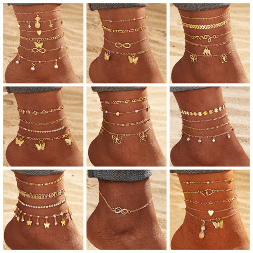 Cross-Border Retro Multi-Layer Butterfly Star Fishbone Chain Anklet for Women, Niche Exotic Style Tassel Anklet Set for Women