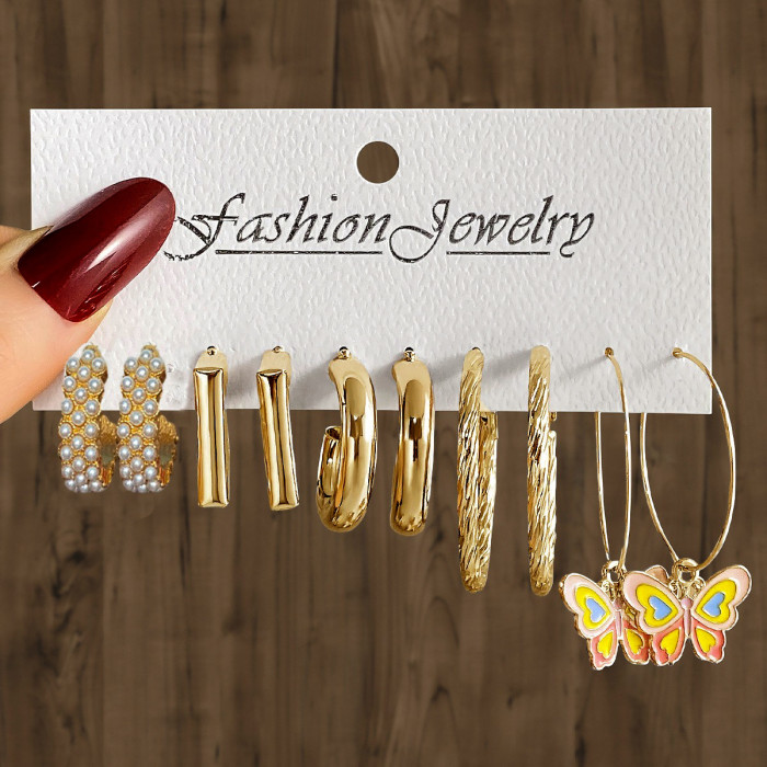 European and American Cross-Border Geometric Multi-Layer C-Shaped Pearl Earrings Hoop Earrings Stud Earrings 6 Pairs Set Carded Earrings Set Combination for Women