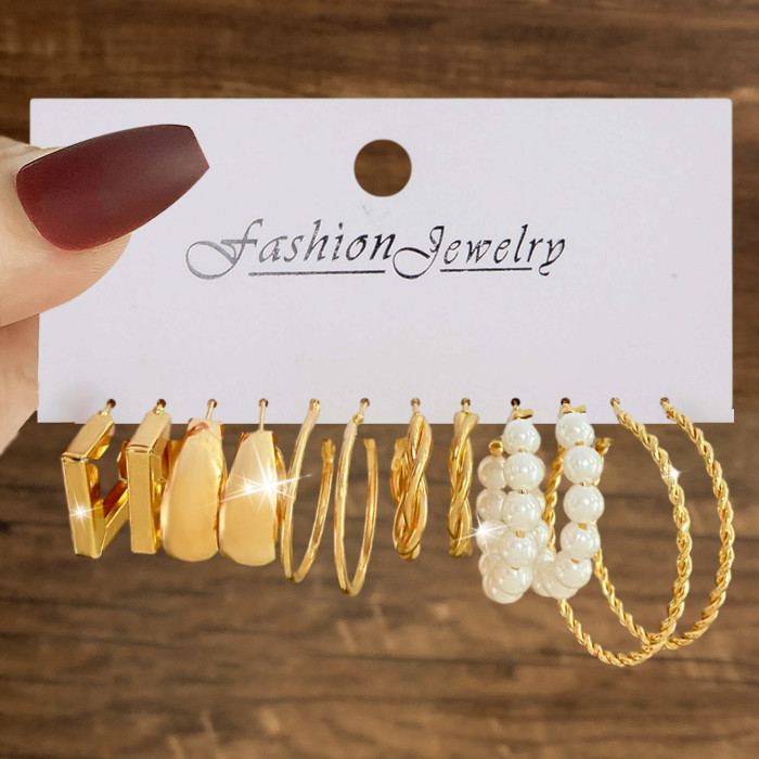 European and American Cross-Border New Style Inlaid Pearl Women's Earrings Creative French Retro Gold Hoop Earrings Set of 6 Pieces