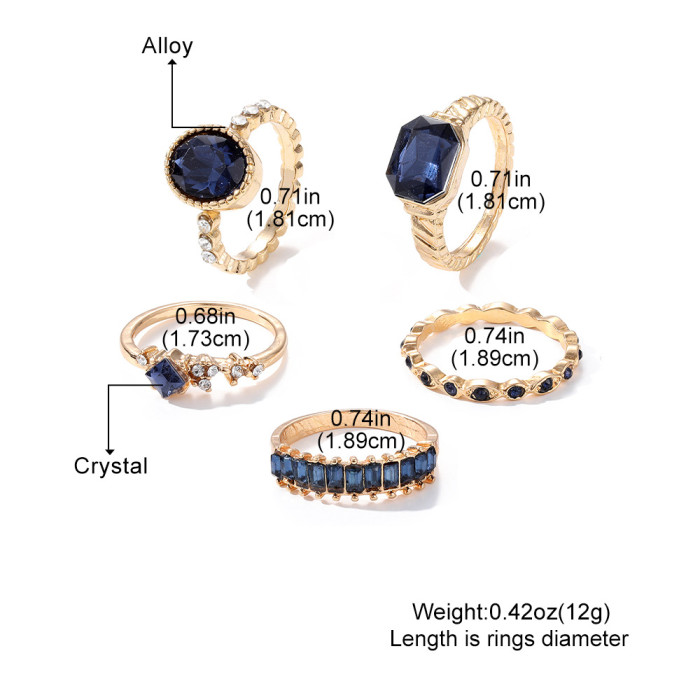 European and American Cross-Border Vintage Diamond-Studded Sapphire Crystal Ring 5-Piece Set Creative Versatile Oval Ring